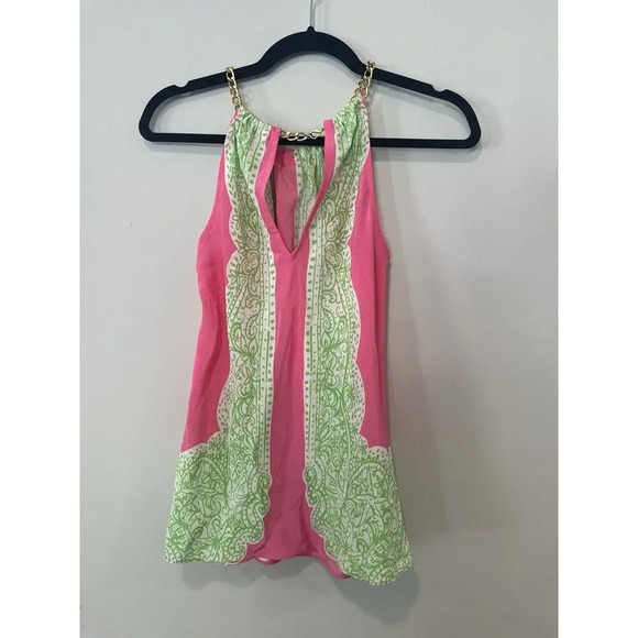 Lilly Pulitzer Blouse Pink Green Riviera Silk Chain Halter Neck Tank Top Size XS - Picture 6 of 11